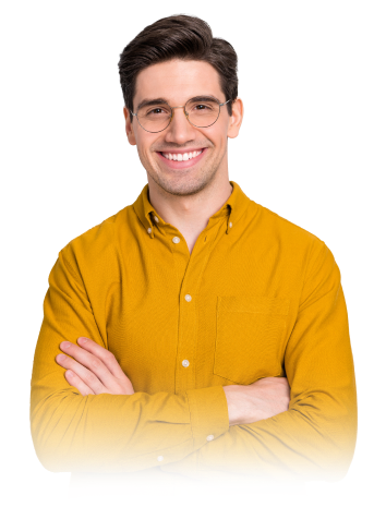 Smiling 33 year old man wearing glasses and yellow shirt